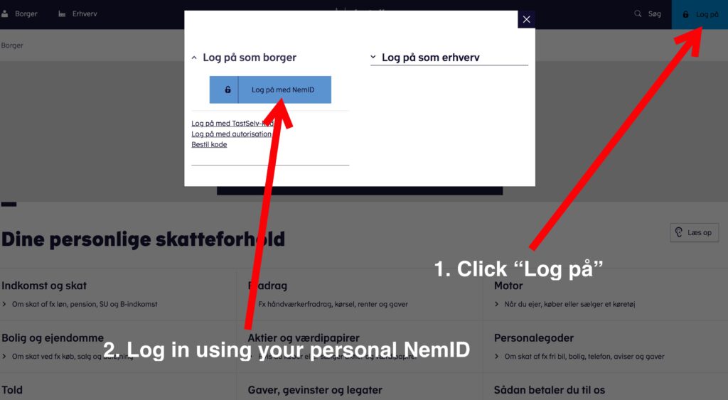 1. Log into SKAT Borger using your personal NemID