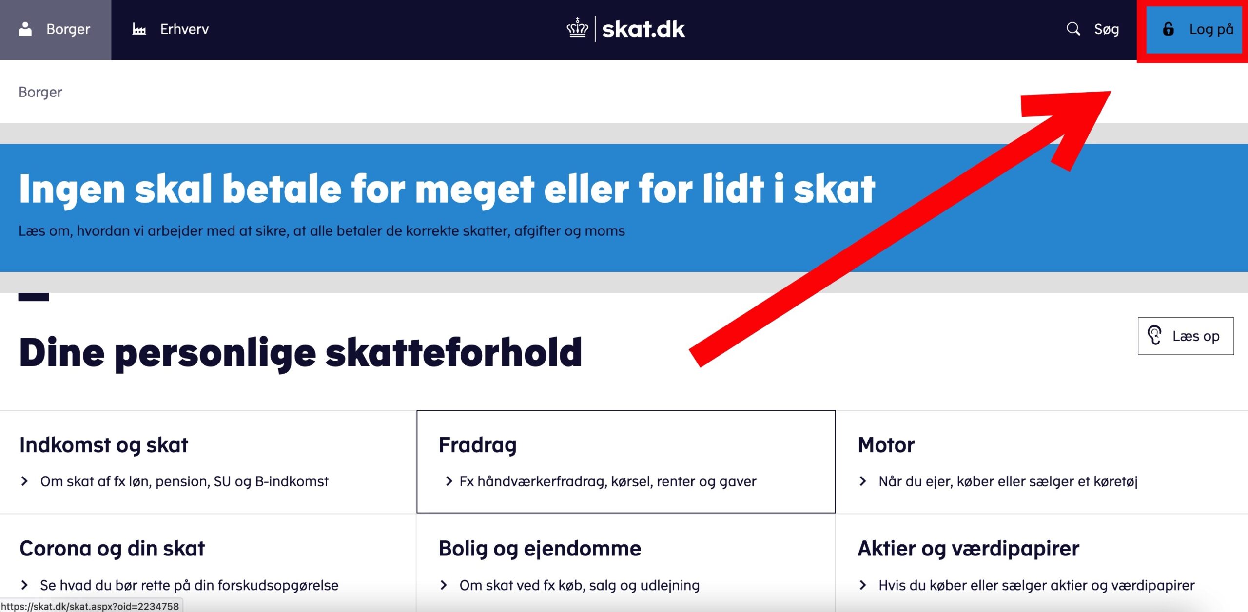 Step 1 of making a repayment plan for VAT loan: Click “Log på” in the upper right corner of skat.dk