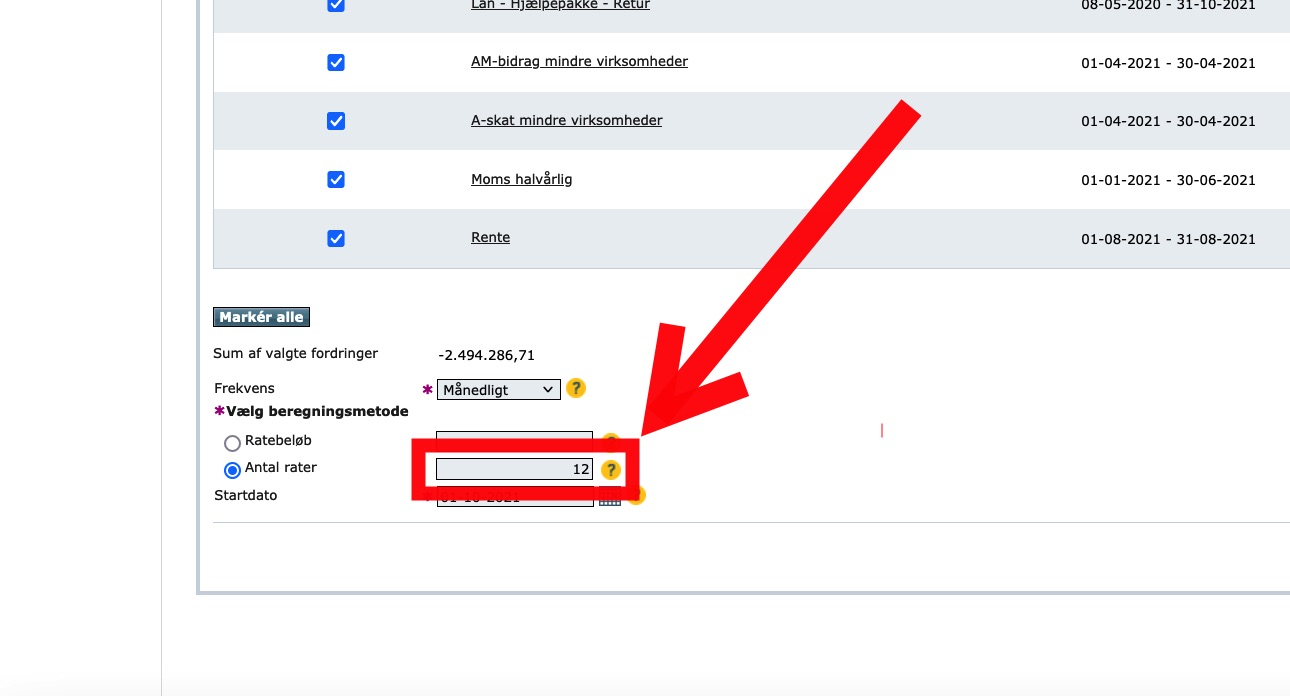 Step 10 of making a repayment plan for VAT loan: Now write how many months you want the repayment plan to last (“Antal rater”). The maximum is 12 months.