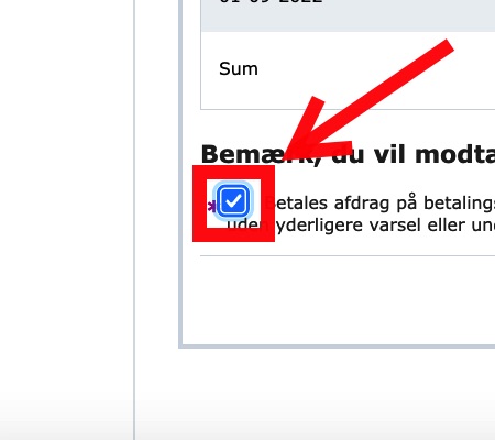 Step 14 of making a repayment plan for VAT loan: If you agree, click the box in the lower-left corner followed by the “Godkend” button to the right.