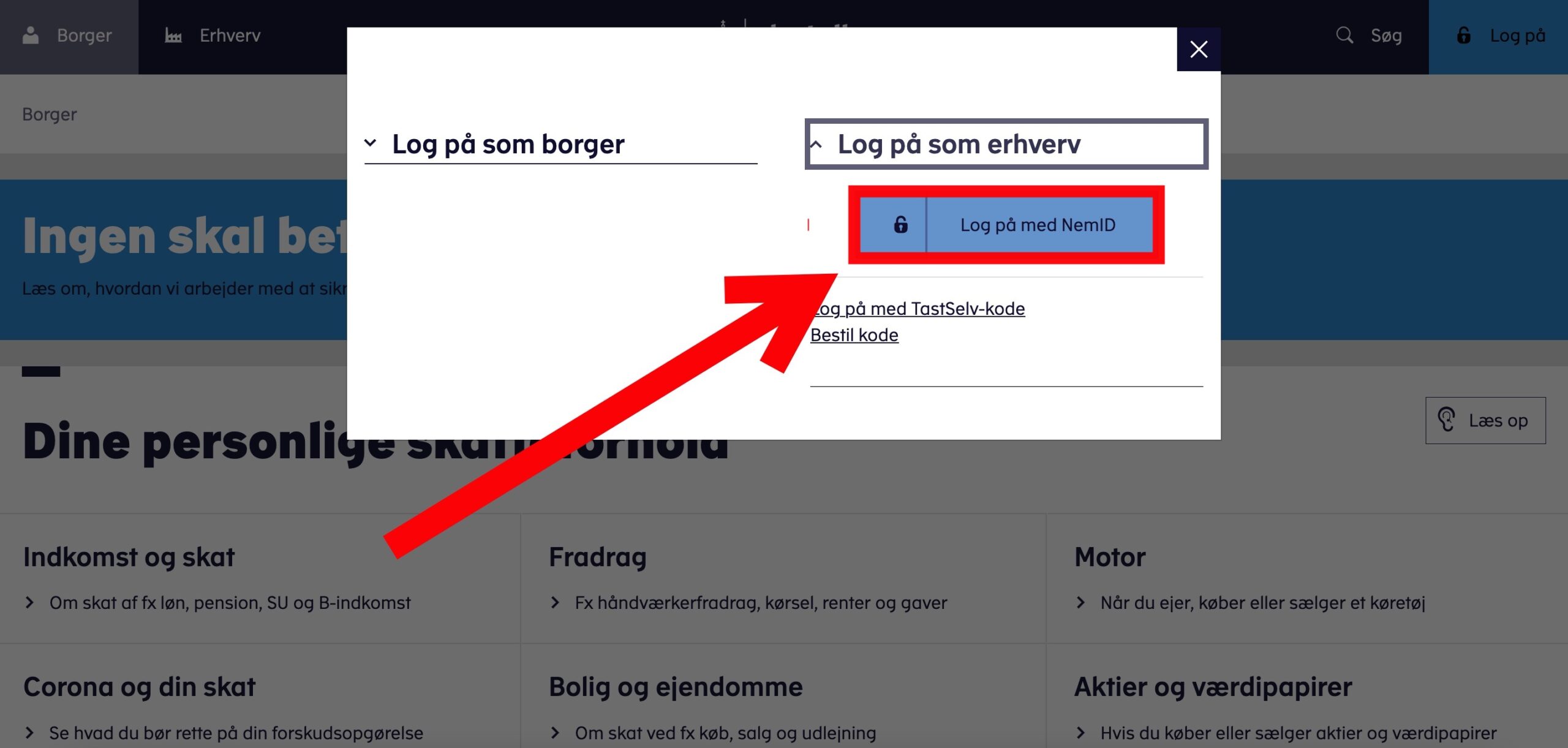 Step 2 of making a repayment plan for VAT loan: Click “Log på som erhverv”