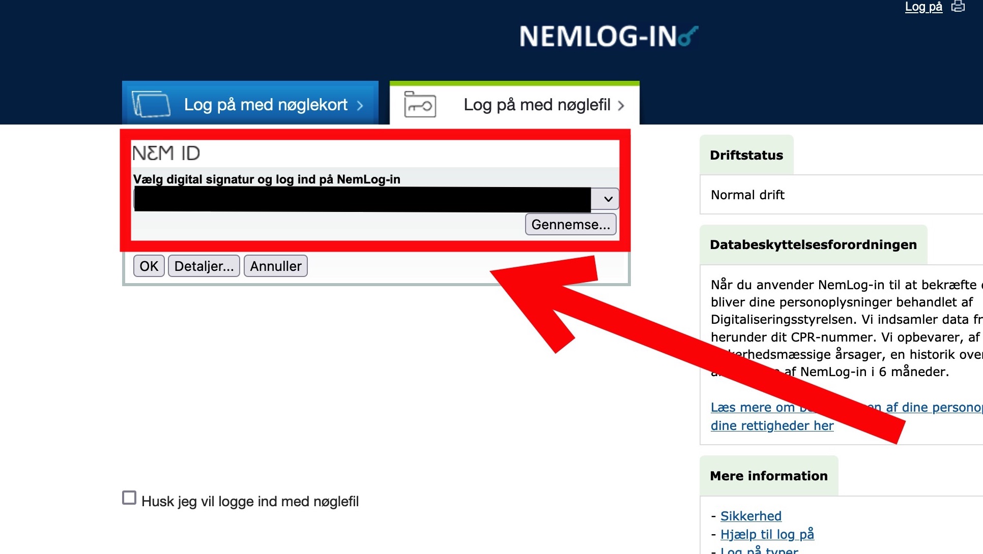 Step 3 of making a repayment plan for VAT loan: Click “Log på med NemID”