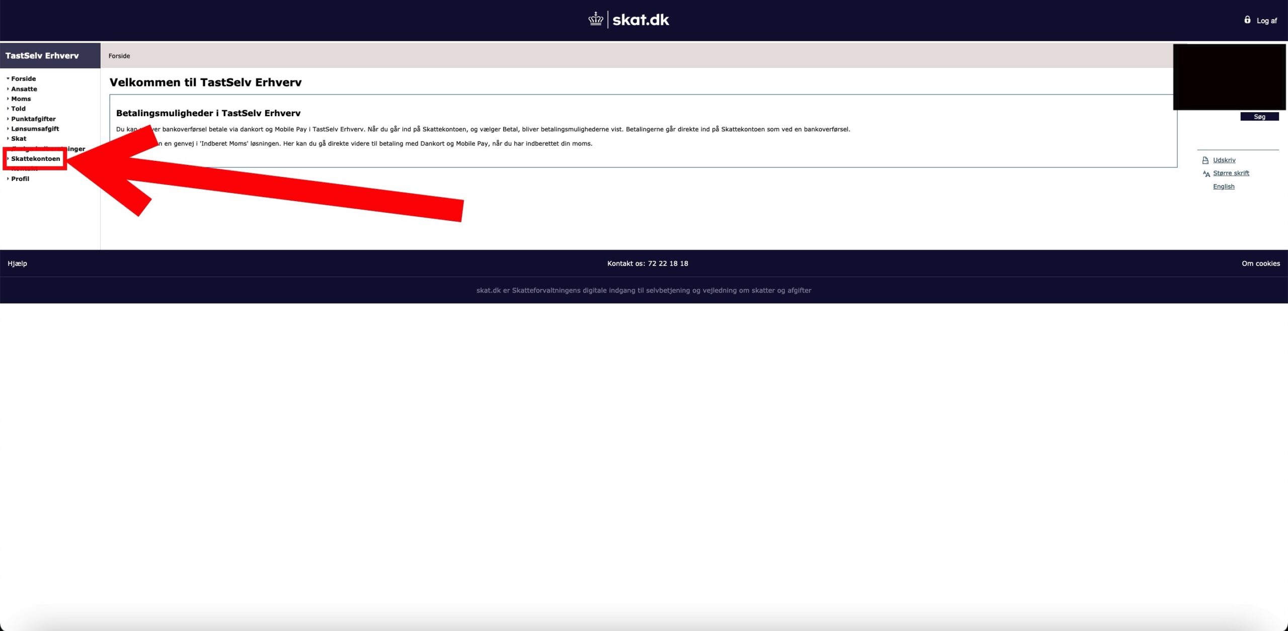 Step 4 of making a repayment plan for VAT loan: Click “Skattekontoen” in the left sidebar menu