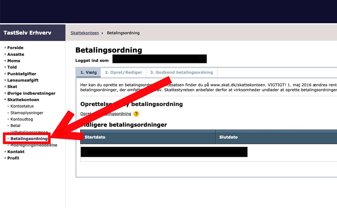 Step 5 of making a repayment plan for VAT loan: Click “Betalingsordning”