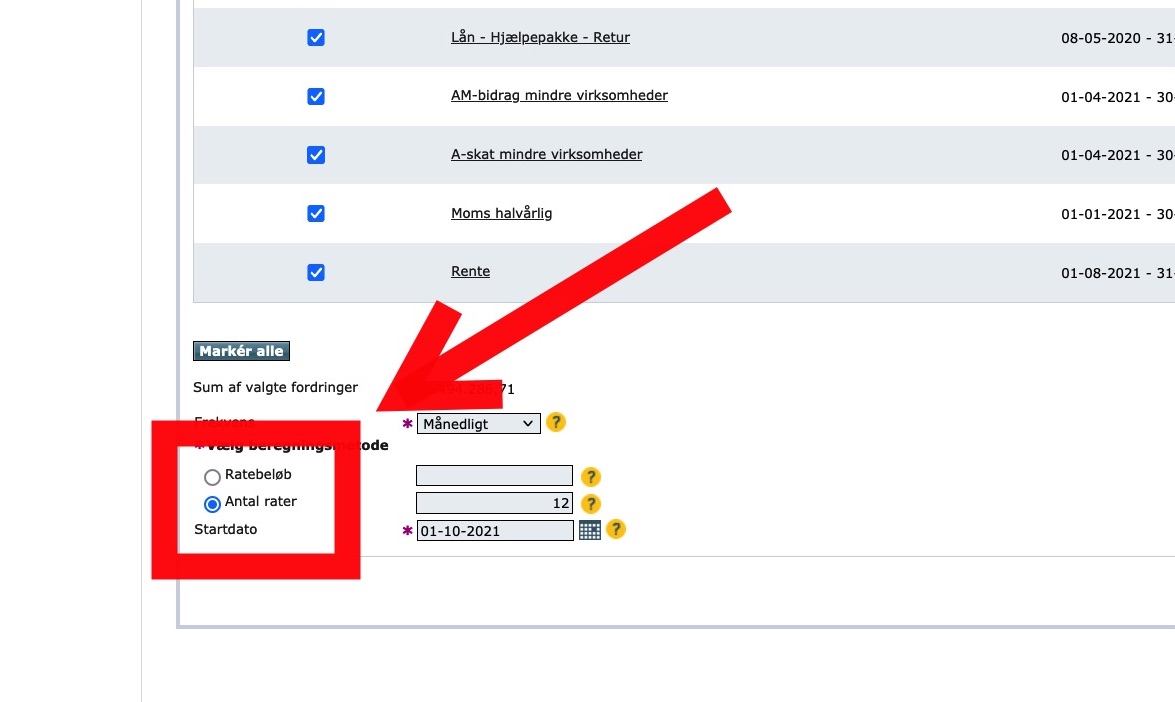 Step 9 of making a repayment plan for VAT loan: Choose the payment method. We recommend instalments (“Antal rater”).