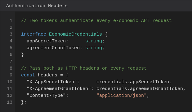 Authentication header setup - both tokens passed as HTTP headers on every request