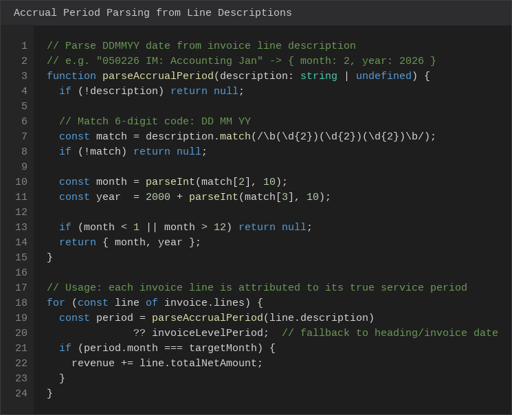 Accrual period parsing from DDMMYY date codes in invoice line descriptions